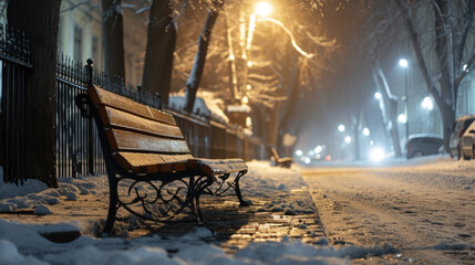Fototapeta na wymiar Snow-covered Park Bench next to Fence