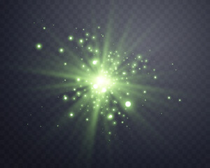 Green sunlight lens flare, sun flash with rays and spotlight. Glowing burst explosion on a transparent background. Vector illustration.