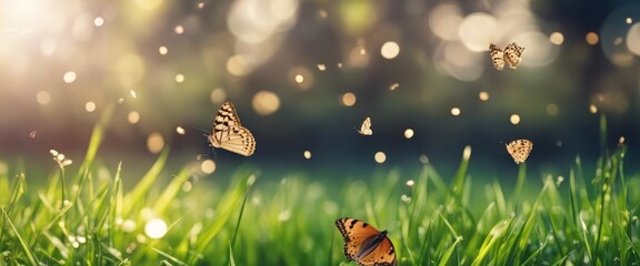 abstract natural background with butterflies and green grass