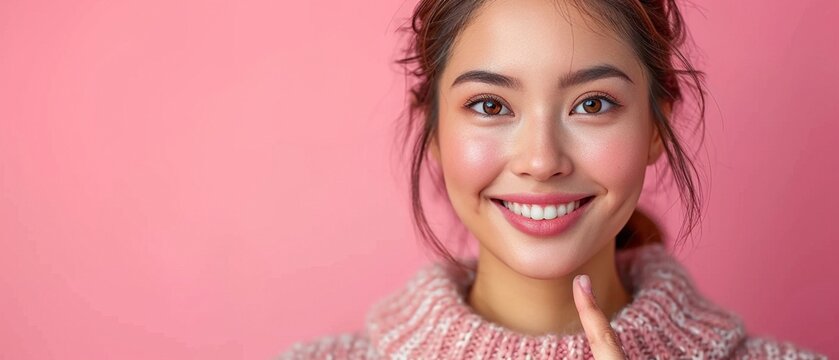picture of a contented, relaxed, and grinning beauty Asian lady pointing pointer at advertisement banner copyspace to introduce new product