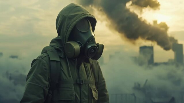 Man wear gas mask. Dangerous toxic radiation. Air pollution concept. Apocalypse world. Person in protective respirator. Nuclear war. Radioactive smog. Nature chemical contamination. Stalker survivor.