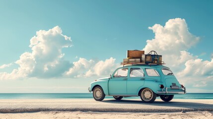 Fototapeta na wymiar Classic light blue car with suitcases on top ready fort vacations. Light blue background. Holidays and travel concept.