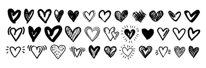 Doodle heart icon set, sketch love vector hand drawn shapes, Valentine day scribble romantic sign. Vintage grunge texture squiggle minimal collection, nubes print kit. Doodle heart holiday symbol - obrazy, fototapety, plakaty