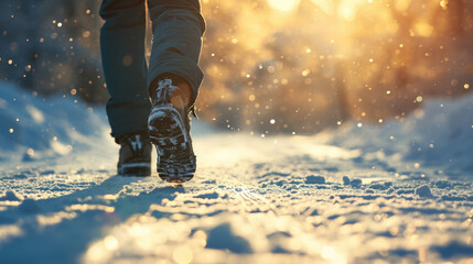 Person Walking in Snow on Sunny Day