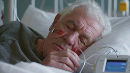 Obraz na płótnie Canvas Man Recovering in Hospital Bed With IV Generative AI