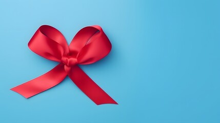 Valentine day card or banner. Red heart of ribbon on blue background. Flat lay.