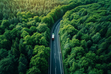 Drone's eye view: Car and hydrogen energy truck drive on highway through lush forest. Aerial scene promoting sustainable transport and eco-friendly electric vehicles.