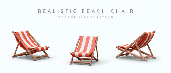 Realistic beach chair in different positions. Collection with chairs in white and red colors for rest on beach. Vector illustration in 3d style with shadow