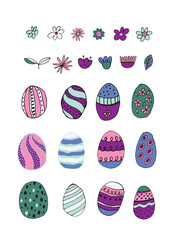 Easter eggs with botanical elements set doodle style. Happy easter hand drawn isolated on white background. Spring holiday. Happy Easter. Vector Illustration.