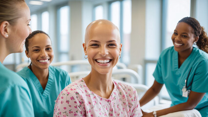 cancer, portrait of happy young woman in hospital, headscarf, world cancer day , cancer survivor, fighting cancer ,african girl