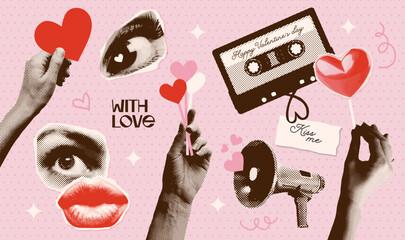 Halftone retro collage elements set in trendy punk grunge style. Paper sticker collection with dotted hand, heart, eye, mouth, loudspeaker. Concept of relationship, love, romance, Valentines day.