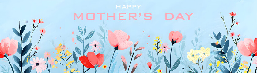 Abstract background with hand drawn spring flowers in pastel colors and trendy typography on pastel blue banner. Mothers day templates for card, cover, web banner, modern art style