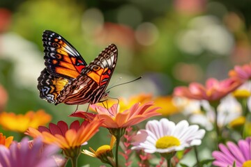 Obraz premium a butterfly is sitting on top of flowers