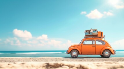 Classic orange car with suitcases on top ready fort vacations. Light blue background. Holidays and travel concept.