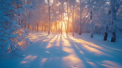 A frosted forest at dawn, where sunlight filters through snow-laden branches, casting long shadows on the untouched blanket of pure white snow below.