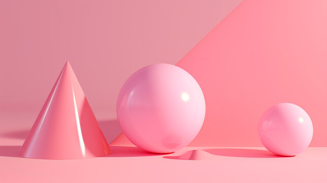 3d monochrome pink and blue illustration, Pink platonic shapes with a pink ball on a pink background, Ai generated image