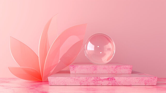 Easter egg with ribbon, 3d monochrome pink and blue illustration, Pink platonic shapes with a pink ball on a pink background, Ai generated image