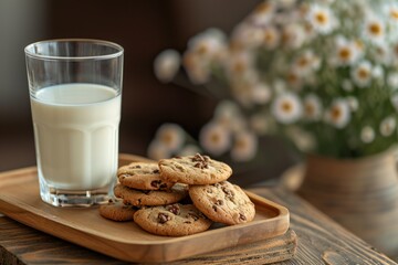 a wooden tray with cookies and a glass of milk - obrazy, fototapety, plakaty