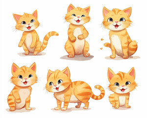 Cute ginger cat character in different poses. Isolated watercolor illustration for children