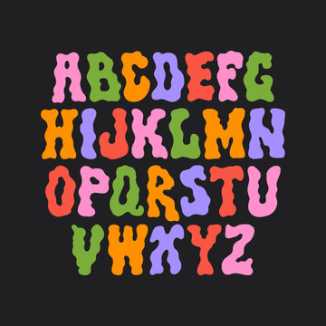 Colorful funky trendy font. Retro groovy alphabet. Bright playful y2k font. Vector illustration