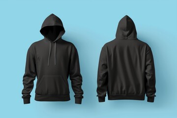 Set of black front and back view hooded tee hoodies isolated on light blue background. Mockup template