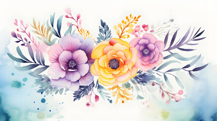 Fototapeta na wymiar Watercolor Floral Composition with Pastel Tones and Splatter Details