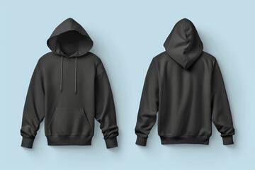 Set of black front and back view hooded tee hoodies isolated on light blue background. Mockup template