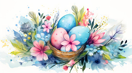 Fototapeta na wymiar Vibrant Easter Eggs in Nest with Spring Flowers Watercolor