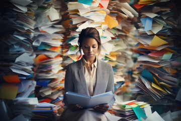 Woman Reading Book in Front of Stacks of Papers