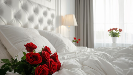 A clean white designed bedroom with a centerpiece of a red rose bouquet. Valentine's Day background wallpaper - obrazy, fototapety, plakaty