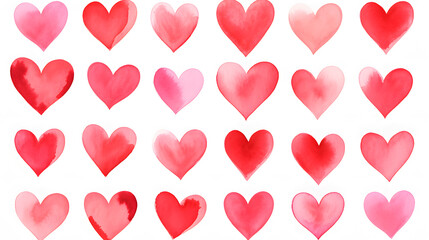 Watercolor Hearts Set in Pink and Red Shades for Valentine's Day Decoration and Greeting Cards