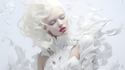 Surreal Portrait of Woman with White Feathers and Blonde Hair