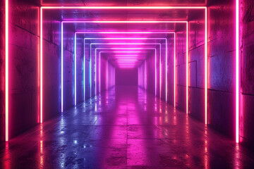 Vibrant abstract neon light background with glowing lines. Futuristic stage laser, colorful rectangular beams, and a square tunnel for a dazzling night club atmosphere.
