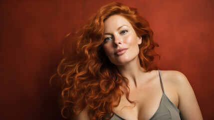 Plus size Beauty portrait of red-haired beautiful woman on studio background With copy space. Art hairstyle.
