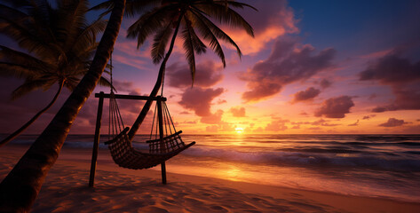 Hammock on a tropical beach at sunset - 3d render, swing on the beach