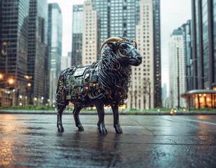 未来的な都市に佇む電気羊 電脳羊 サイバーアニマル  Electric sheep standing in...