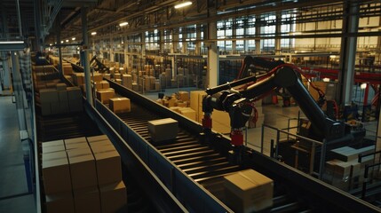 photo shot from a real camera large factory from a wide angle, production is carried out with machines and robotic arms, there are boxes on conveyor belts.