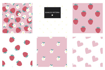 A collection of 6 sweet basic shabby chic patterns. Seamless texture with strawberries, hearts, flowers. Texture for fabrics, paper, wallpapers in shabby chic style, simple strawberries. Flat style.