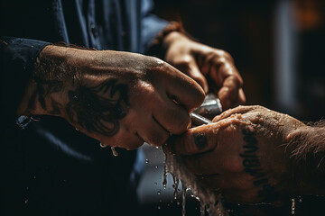 Hand of barber holding razor and shaving a client  - obrazy, fototapety, plakaty