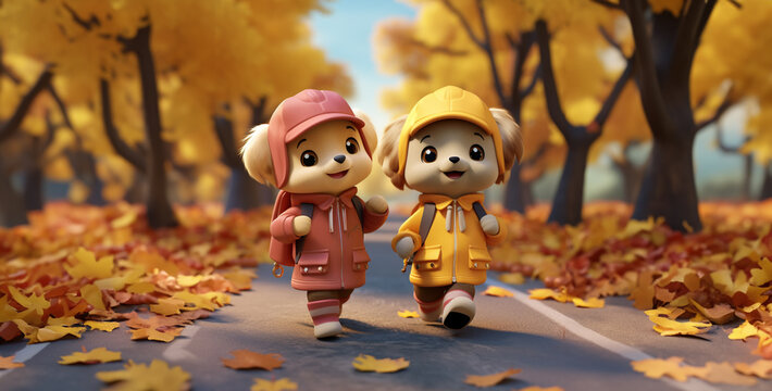3D Render of a Puppy and Dog in the autumn park,Cute cartoon dogs walking in the autumn park. 3d rendering