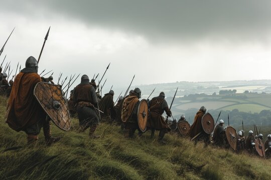 Norman Victory: An Iconic Scene from the Battle of Hastings - William the Conqueror's Invasion of England. Norman Knights Charge Uphill, Securing Victory against Anglo-Saxon Defenders in the Overcast 