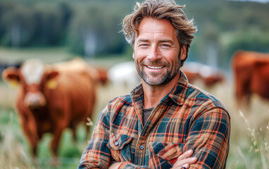 Half-portrait of man livestock farmer in Netherlands. Male agricultural farmer standing on pasture with crossed hands and smiling. - obrazy, fototapety, plakaty