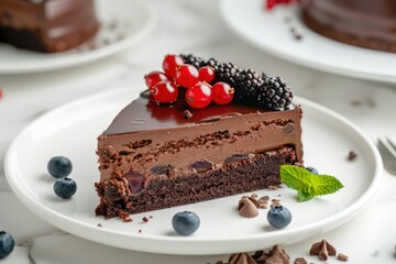 Tasty chocolate cake served on white table