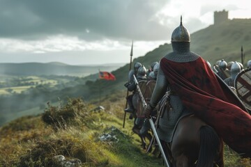 Norman Victory: An Iconic Scene from the Battle of Hastings - William the Conqueror's Invasion of England. Norman Knights Charge Uphill, Securing Victory against Anglo-Saxon Defenders in the Overcast  - obrazy, fototapety, plakaty