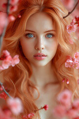 fashion portrait of a face of a young redhead woman on branching spring blossoming cherry trees