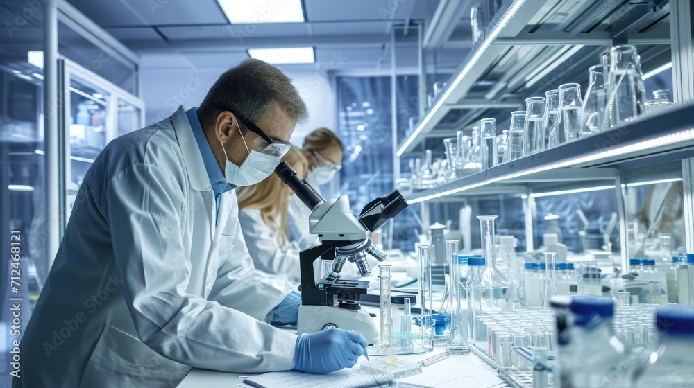 Poster research scientists in laboratory analyzing something with intense generative ai