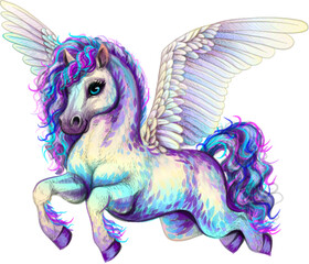 A graphic, color image of a cute running Pegasus in watercolor style.