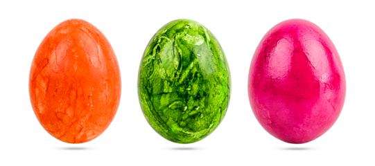 Three colorful Easter eggs isolated on a transparent background