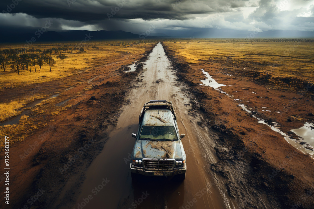 Canvas Prints Grungy pickup rides an empty highway on a summer day, bird eye view