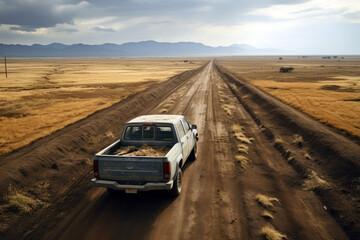 Fototapeta na wymiar Grungy pickup rides an empty highway on a summer day, bird eye rear view